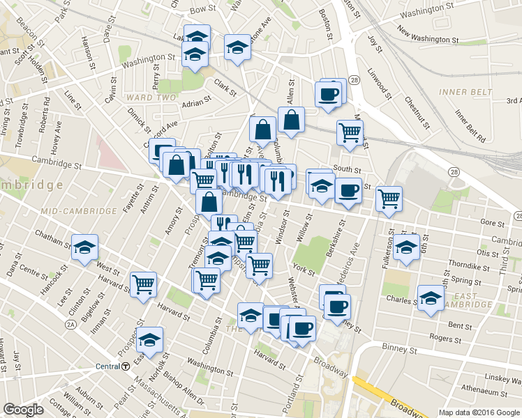 map of restaurants, bars, coffee shops, grocery stores, and more near 361 Columbia Street in Cambridge