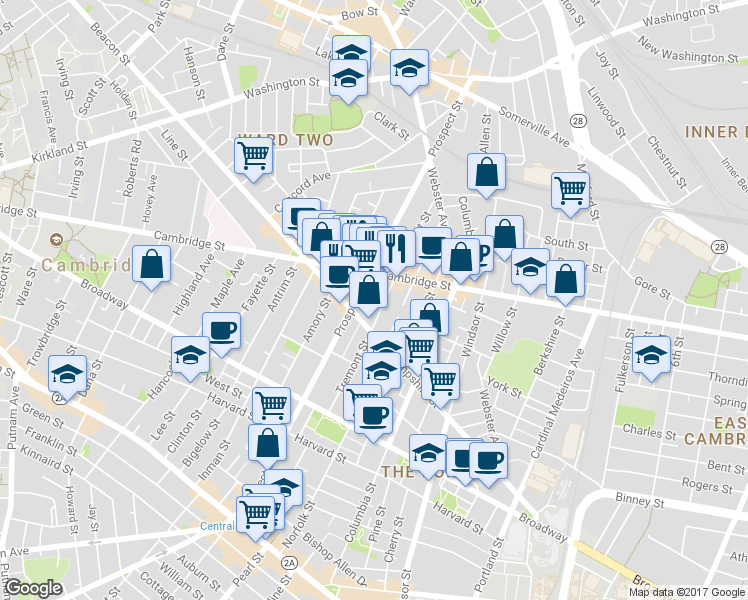 map of restaurants, bars, coffee shops, grocery stores, and more near 171 Hampshire Street in Cambridge