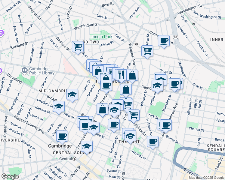 map of restaurants, bars, coffee shops, grocery stores, and more near 171 Hampshire Street in Cambridge