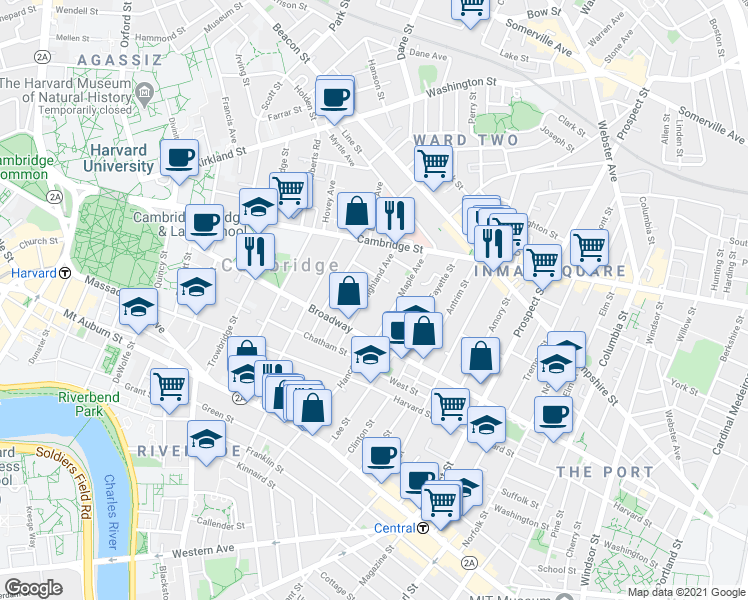 map of restaurants, bars, coffee shops, grocery stores, and more near in Cambridge