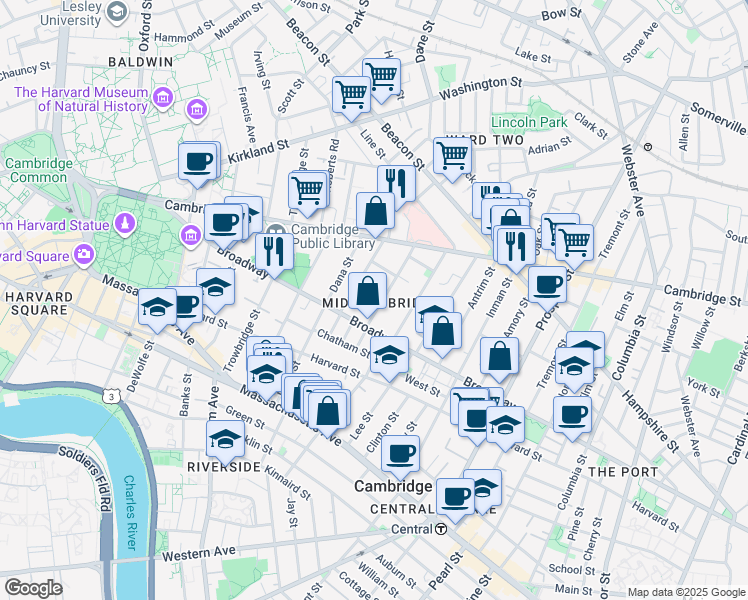 map of restaurants, bars, coffee shops, grocery stores, and more near in Cambridge