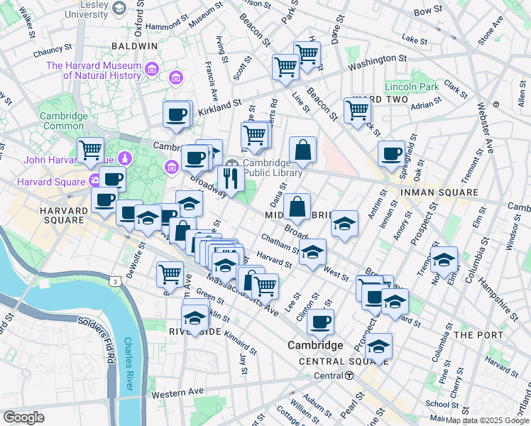 map of restaurants, bars, coffee shops, grocery stores, and more near 43 Dana Street in Cambridge