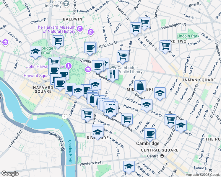 map of restaurants, bars, coffee shops, grocery stores, and more near in Cambridge