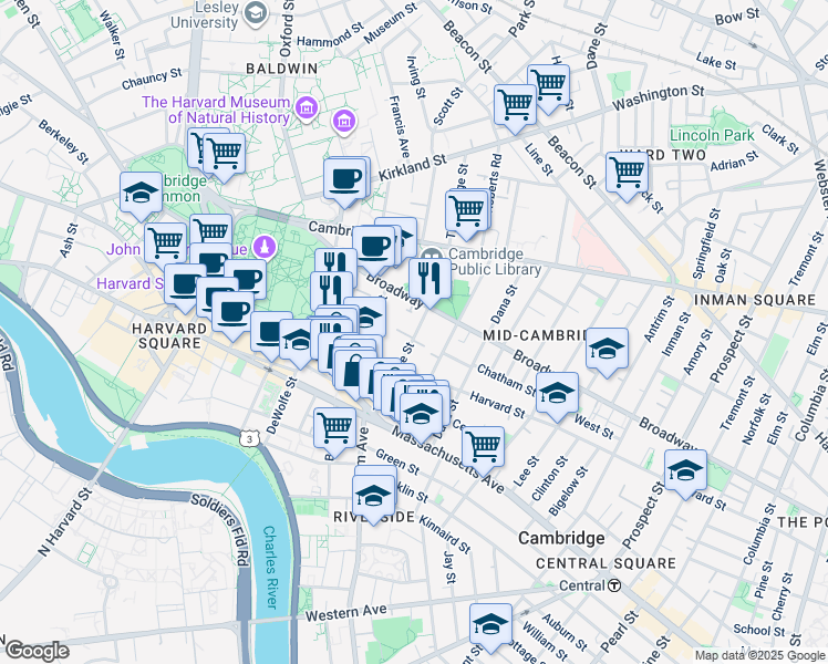 map of restaurants, bars, coffee shops, grocery stores, and more near 4 Trowbridge Place in Cambridge