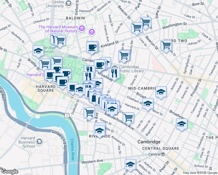 map of restaurants, bars, coffee shops, grocery stores, and more near 4 Trowbridge Place in Cambridge