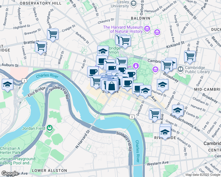 map of restaurants, bars, coffee shops, grocery stores, and more near 59 John F. Kennedy Street in Cambridge