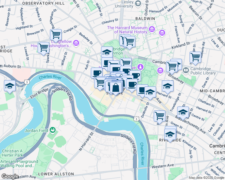 map of restaurants, bars, coffee shops, grocery stores, and more near 59 John F. Kennedy Street in Cambridge