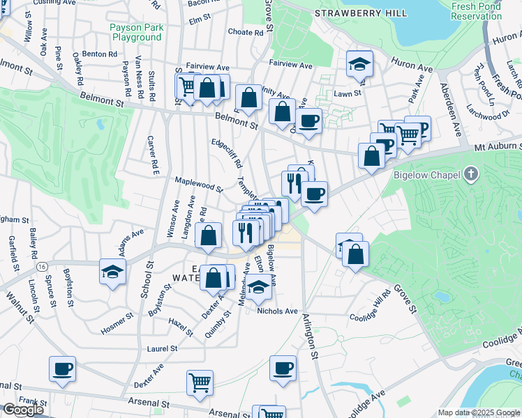 map of restaurants, bars, coffee shops, grocery stores, and more near 22 Kimball Road in Watertown