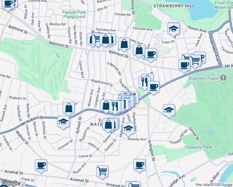 map of restaurants, bars, coffee shops, grocery stores, and more near 57 Clayton Street in Watertown