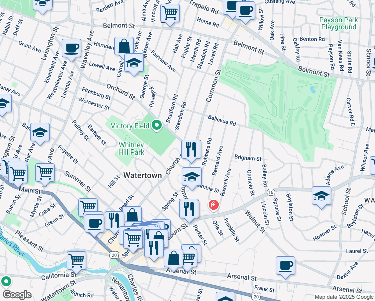 map of restaurants, bars, coffee shops, grocery stores, and more near 165 Church Street in Watertown