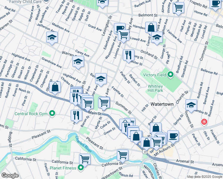 map of restaurants, bars, coffee shops, grocery stores, and more near 62 Forest Street in Watertown