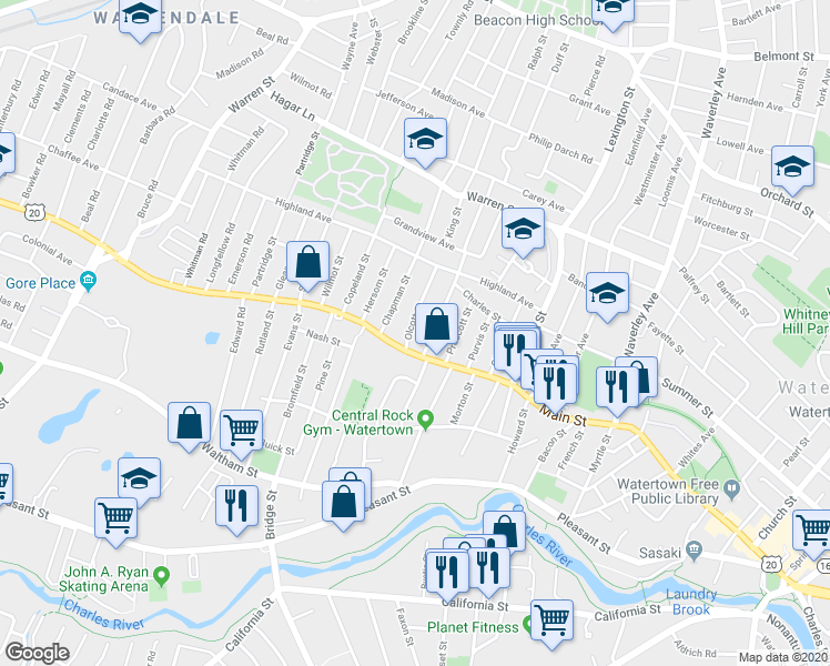 map of restaurants, bars, coffee shops, grocery stores, and more near 543 Main Street in Watertown