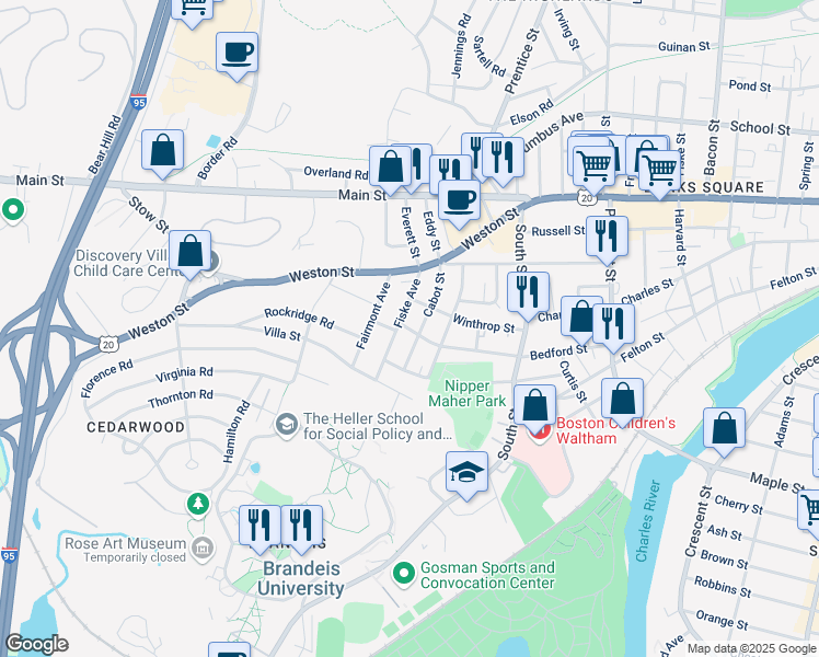 map of restaurants, bars, coffee shops, grocery stores, and more near 77 Cabot Street in Waltham