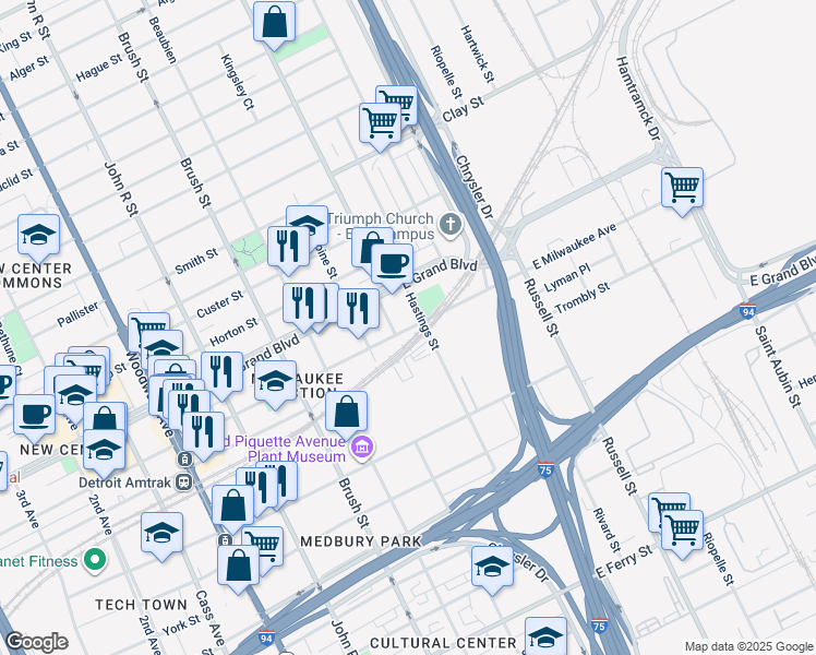 map of restaurants, bars, coffee shops, grocery stores, and more near 650 East Milwaukee Avenue in Detroit