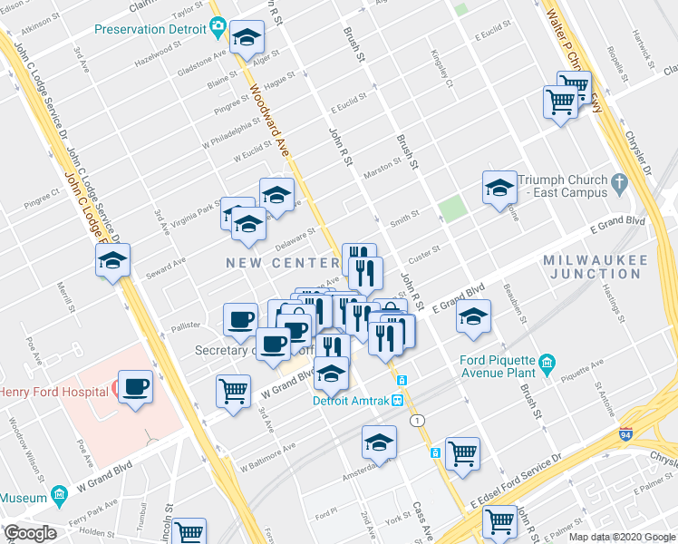 map of restaurants, bars, coffee shops, grocery stores, and more near 7375 Woodward Avenue in Detroit