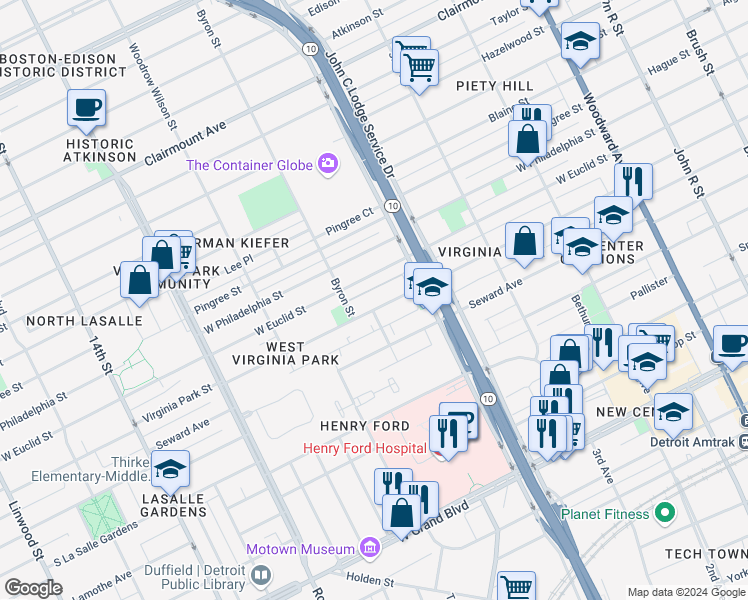 map of restaurants, bars, coffee shops, grocery stores, and more near 1209 Virginia Park Street in Detroit