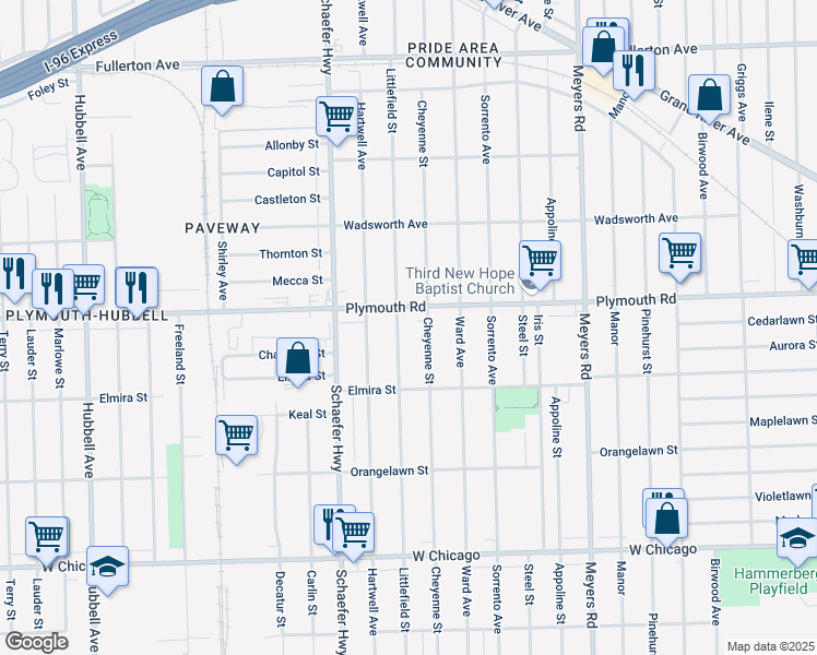 map of restaurants, bars, coffee shops, grocery stores, and more near 11390 Littlefield Street in Detroit