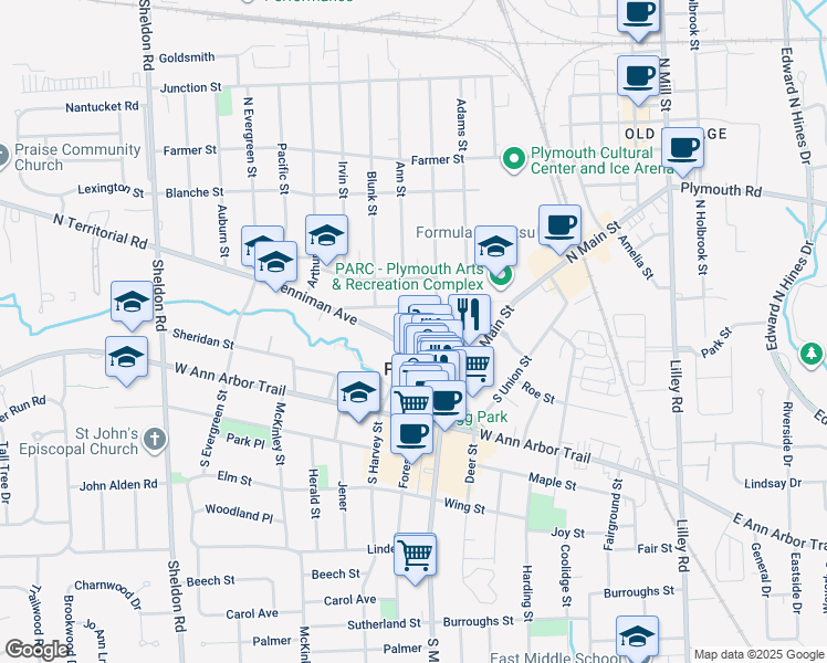 map of restaurants, bars, coffee shops, grocery stores, and more near in Plymouth