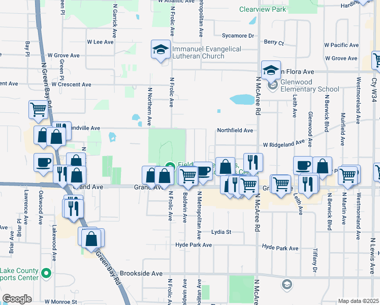 map of restaurants, bars, coffee shops, grocery stores, and more near 829 Baldwin Avenue in Waukegan