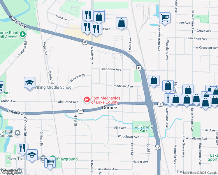 map of restaurants, bars, coffee shops, grocery stores, and more near 830 Blackburn Street in Gurnee