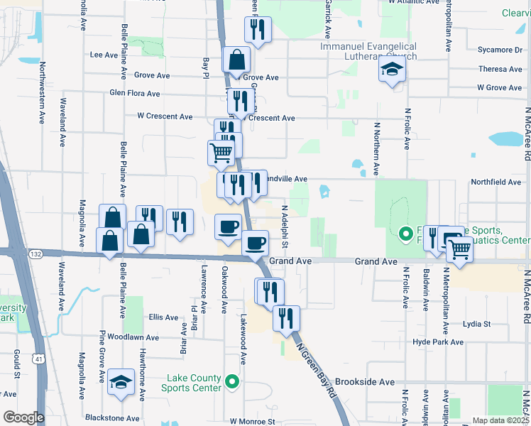 map of restaurants, bars, coffee shops, grocery stores, and more near 12773 West Grandview Avenue in Waukegan