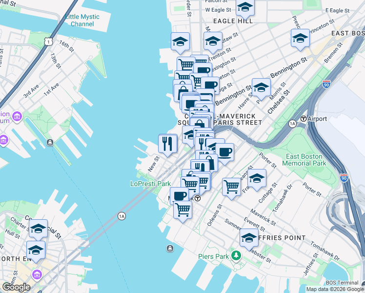 map of restaurants, bars, coffee shops, grocery stores, and more near 98 Liverpool Street in Boston