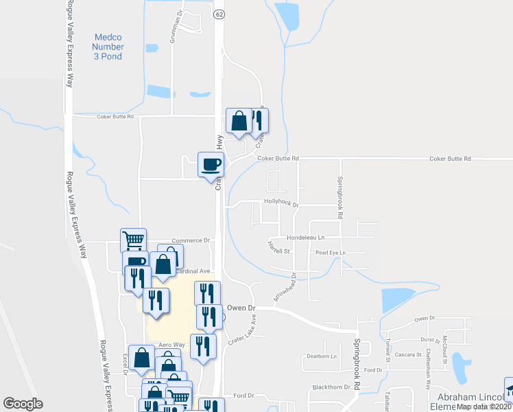 map of restaurants, bars, coffee shops, grocery stores, and more near 1512 Hollyhock Drive in Medford