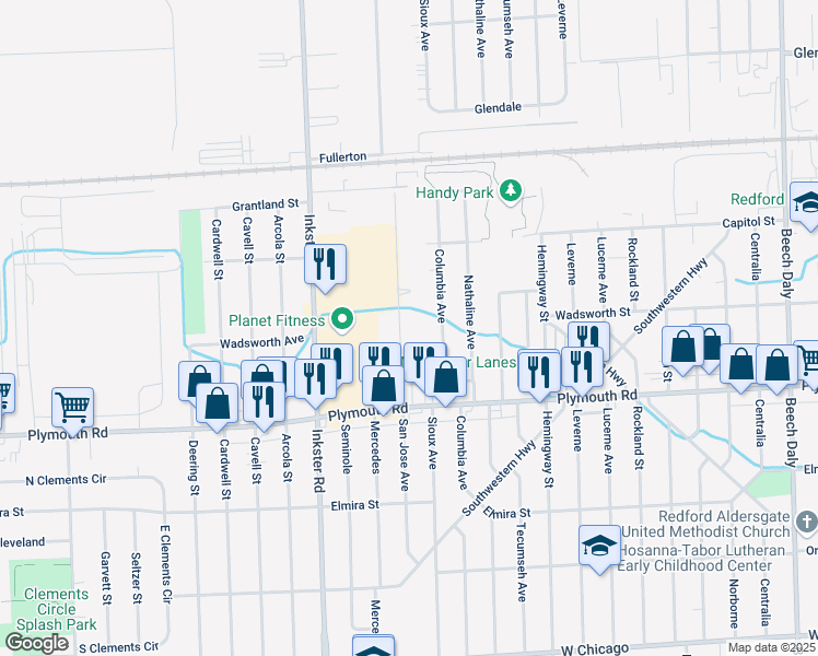 map of restaurants, bars, coffee shops, grocery stores, and more near 11752 San Jose Avenue in Redford Charter Township