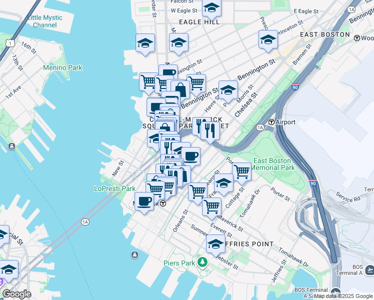 map of restaurants, bars, coffee shops, grocery stores, and more near 113 Paris Street in Boston