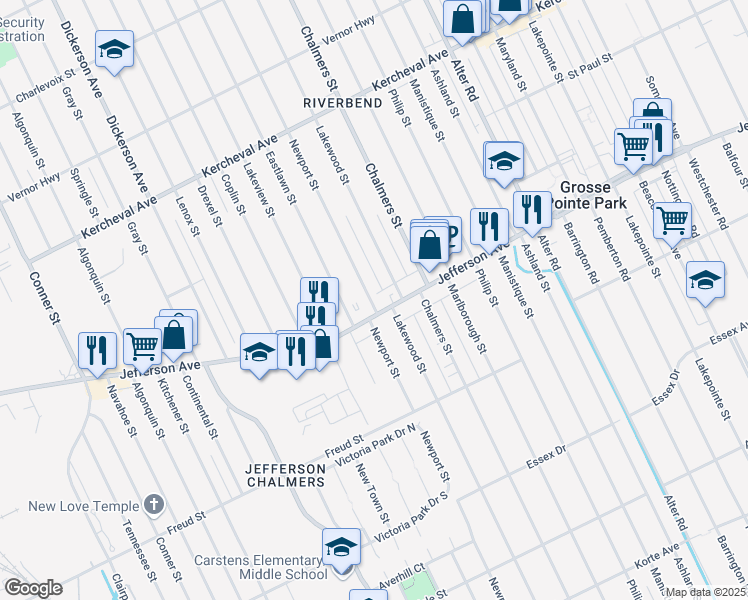 map of restaurants, bars, coffee shops, grocery stores, and more near 1024 Newport Street in Detroit