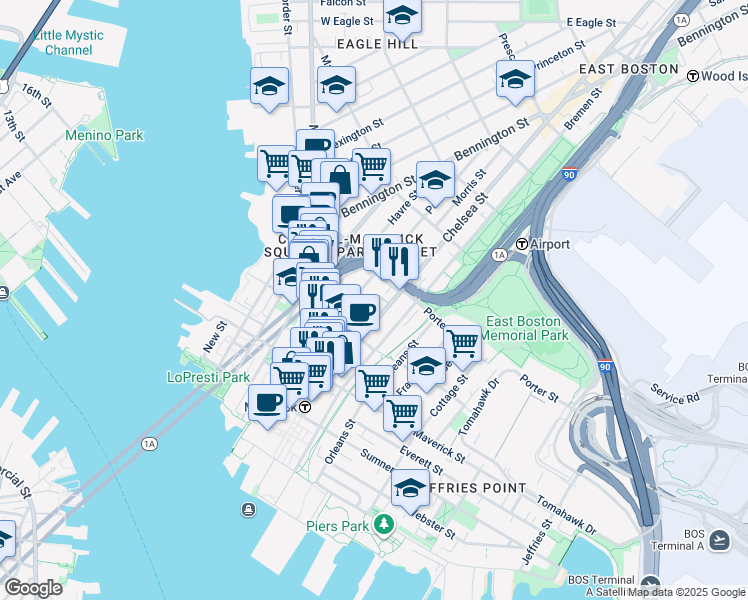 map of restaurants, bars, coffee shops, grocery stores, and more near 76 Chelsea Street in Boston