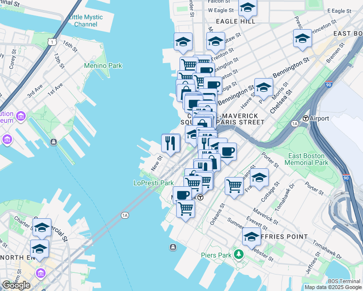 map of restaurants, bars, coffee shops, grocery stores, and more near 99 Border Street in Boston
