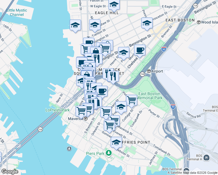 map of restaurants, bars, coffee shops, grocery stores, and more near 142 Bremen Street in Boston
