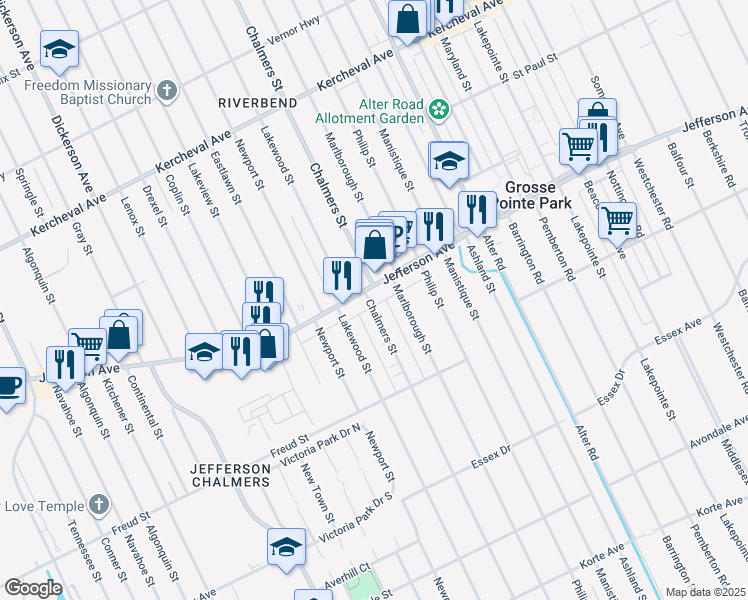 map of restaurants, bars, coffee shops, grocery stores, and more near 881 Chalmers Street in Detroit