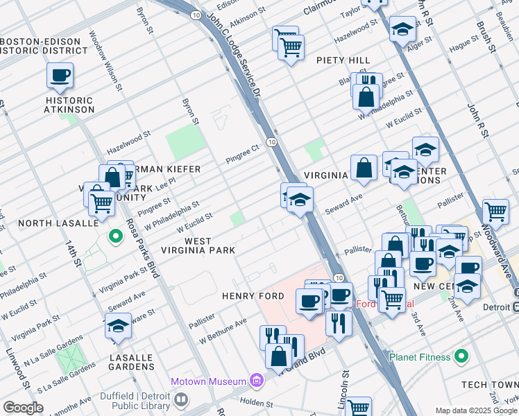 map of restaurants, bars, coffee shops, grocery stores, and more near 1209 Virginia Park Street in Detroit