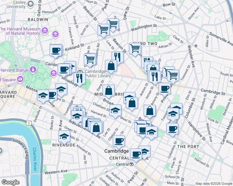 map of restaurants, bars, coffee shops, grocery stores, and more near in Cambridge