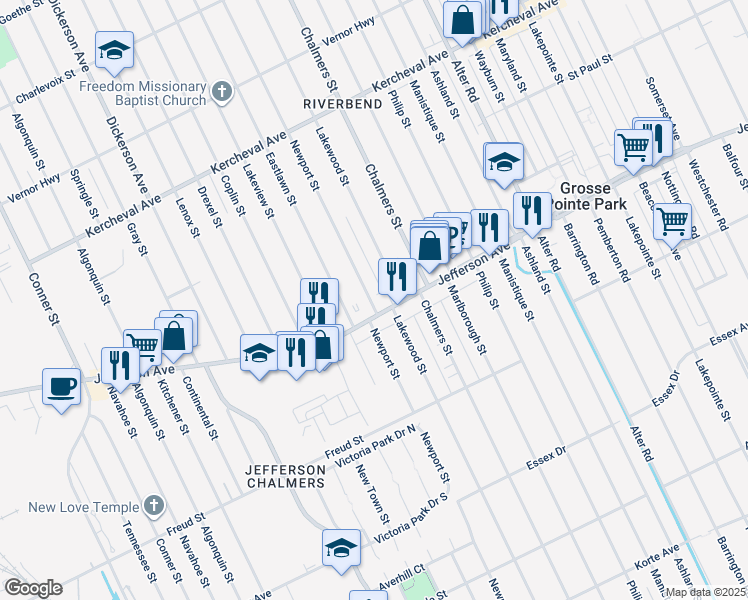 map of restaurants, bars, coffee shops, grocery stores, and more near 1024 Newport Street in Detroit