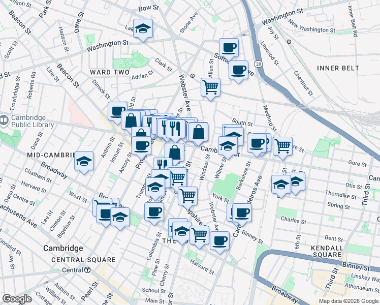 map of restaurants, bars, coffee shops, grocery stores, and more near 361 Columbia Street in Cambridge