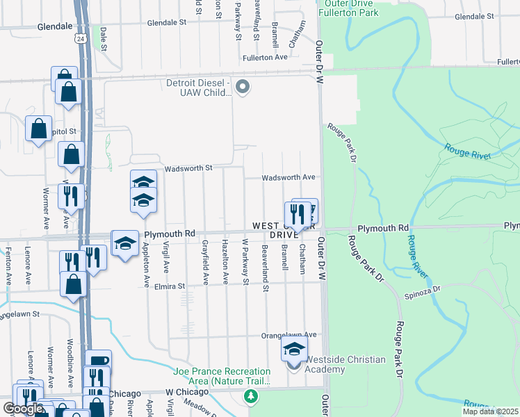 map of restaurants, bars, coffee shops, grocery stores, and more near 11661 Beaverland Street in Detroit