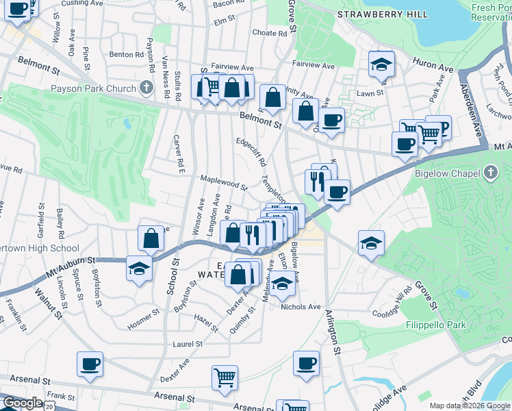 map of restaurants, bars, coffee shops, grocery stores, and more near 57 Clayton Street in Watertown