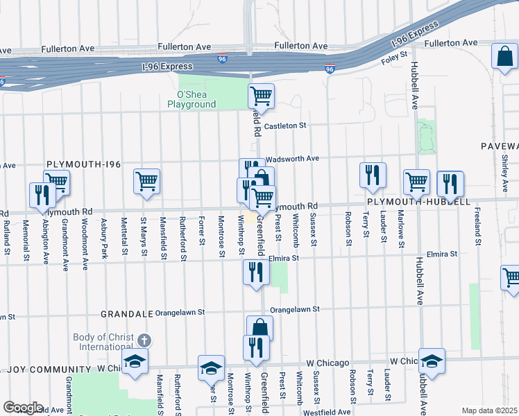 map of restaurants, bars, coffee shops, grocery stores, and more near Greenfield Road & Plymouth Road in Detroit