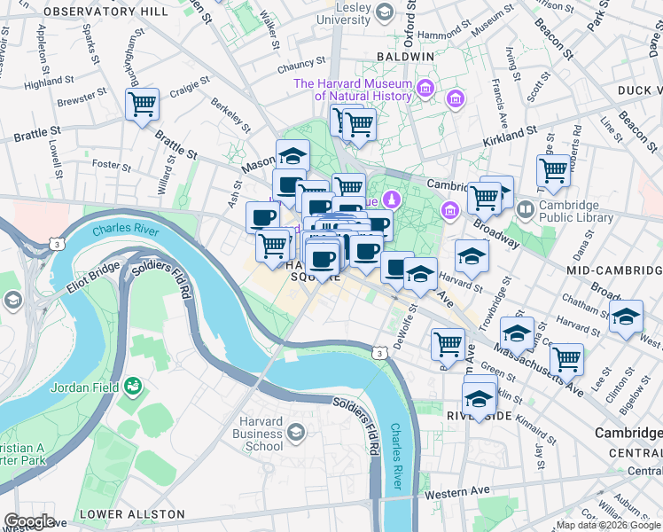 map of restaurants, bars, coffee shops, grocery stores, and more near 95 Mount Auburn Street in Cambridge