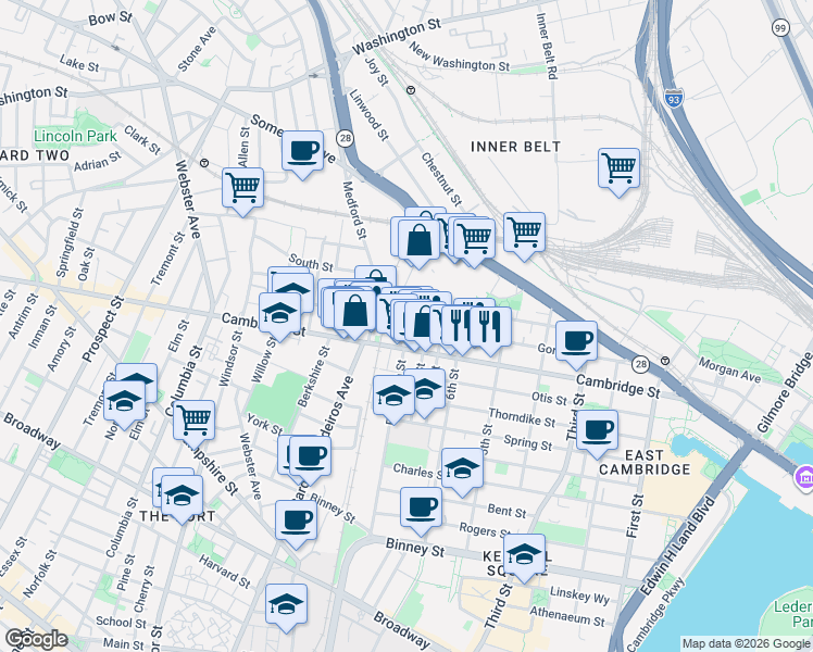 map of restaurants, bars, coffee shops, grocery stores, and more near 15 Lambert Street in Cambridge