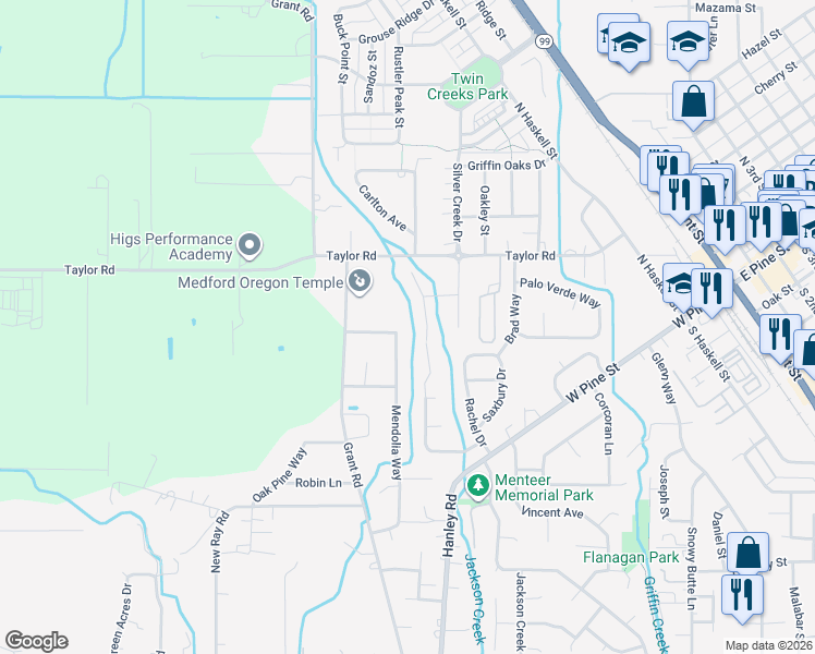 map of restaurants, bars, coffee shops, grocery stores, and more near 924 Mendolia Way in Central Point