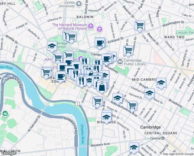 map of restaurants, bars, coffee shops, grocery stores, and more near 12 Quincy Street in Cambridge