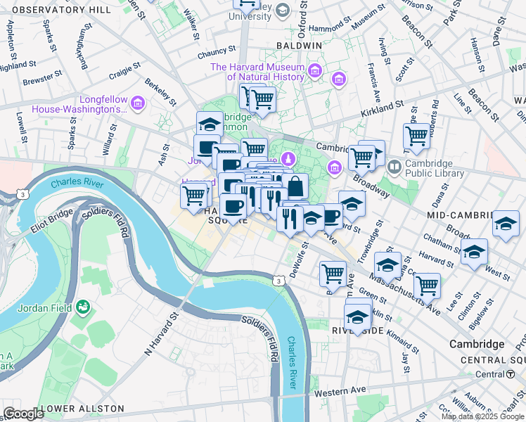 map of restaurants, bars, coffee shops, grocery stores, and more near 75 Mount Auburn Street in Cambridge