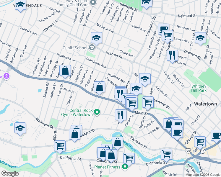 map of restaurants, bars, coffee shops, grocery stores, and more near 20 Olney Street in Watertown