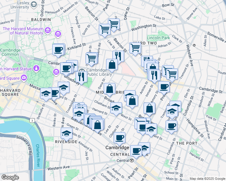 map of restaurants, bars, coffee shops, grocery stores, and more near in Cambridge