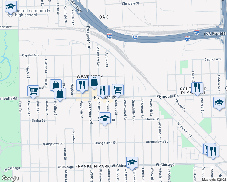 map of restaurants, bars, coffee shops, grocery stores, and more near in Detroit