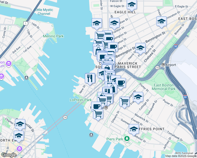 map of restaurants, bars, coffee shops, grocery stores, and more near 102 Liverpool Street in Boston